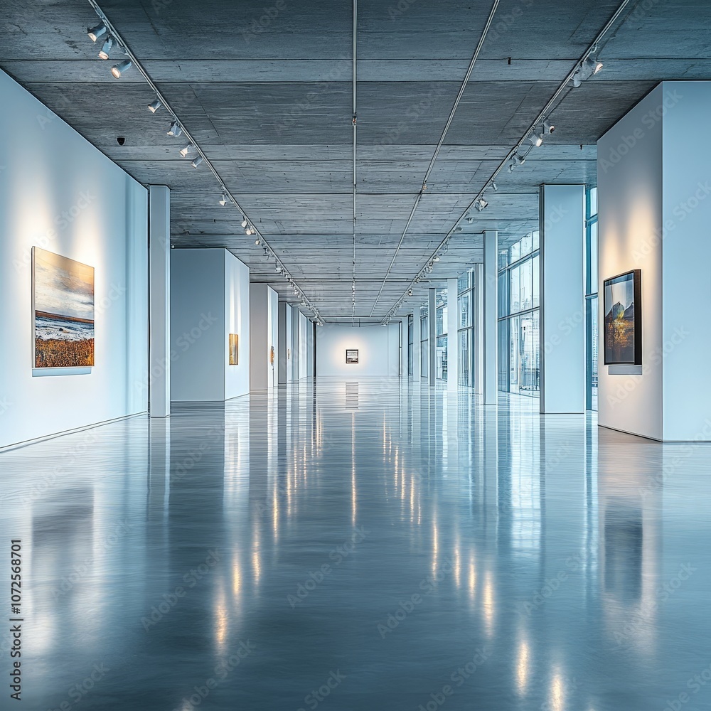 Minimalist white gallery interior with spotlights, ideal for showcasing modern art pieces Minimalist white gallery interior with spotlights, ideal for showcasing modern art pieces