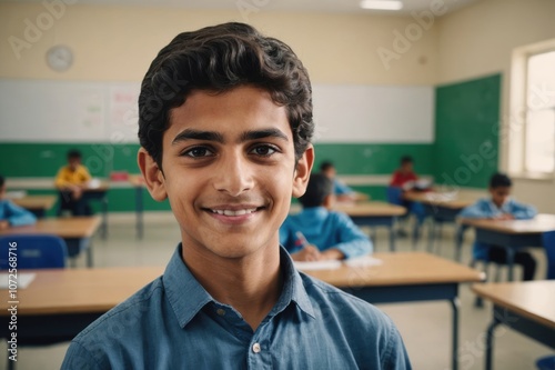 Close portrait of a smiling young Saudi male elegant primary school student standing and looking at the camera, indoors almost empty classroom blurred background