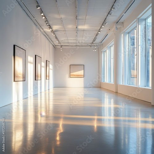 Minimalist white gallery interior with spotlights, ideal for showcasing modern art pieces