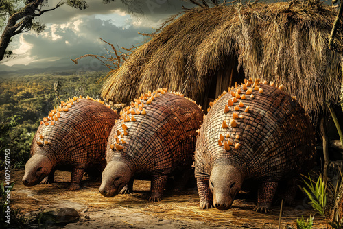 Three dinosaur statues are standing in a field with a straw hut in the background. Scene is whimsical and playful, as the dinosaurs are depicted as if they are still alive and roaming the earth photo