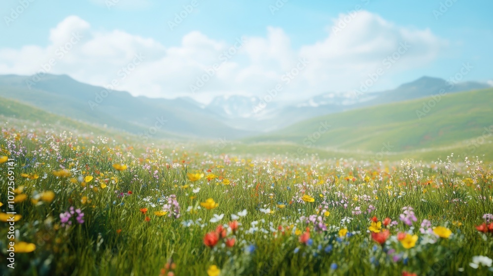 Expansive green field dotted with vibrant wildflowers swaying gently in the breeze under a clear blue sky. Expansive green field dotted with vibrant wildflowers swaying gently in the breeze under a clear blue sky.