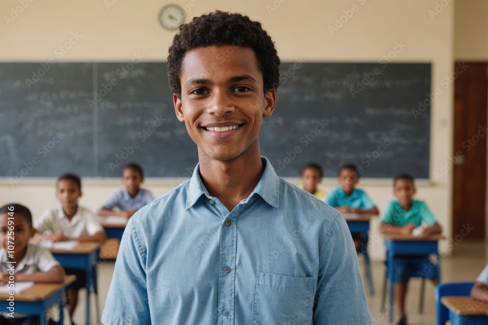 Close portrait of a smiling young Seychellois male elegant primary school teacher standing and looking at the camera, indoors almost empty classroom blurred background Close portrait of a smiling young Seychellois male elegant primary school teacher standing and looking at the camera, indoors almost empty classroom blurred background