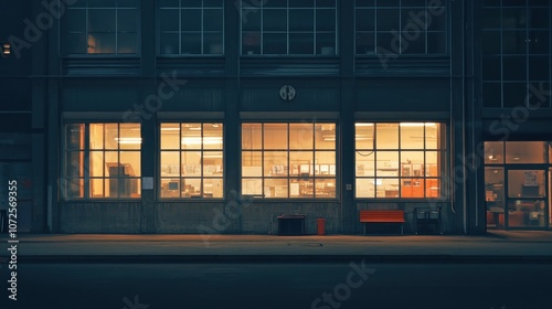 Factory at night with lights illuminating windows.