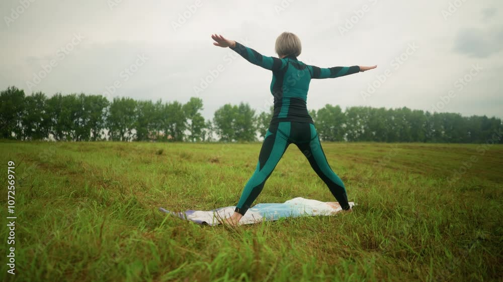 Back view of woman in green black suit on yoga mat practicing triangle forward pose, arms extended, standing in open grassy field under cloudy skies with trees and greenery in the background Back view of woman in green black suit on yoga mat practicing triangle forward pose, arms extended, standing in open grassy field under cloudy skies with trees and greenery in the background