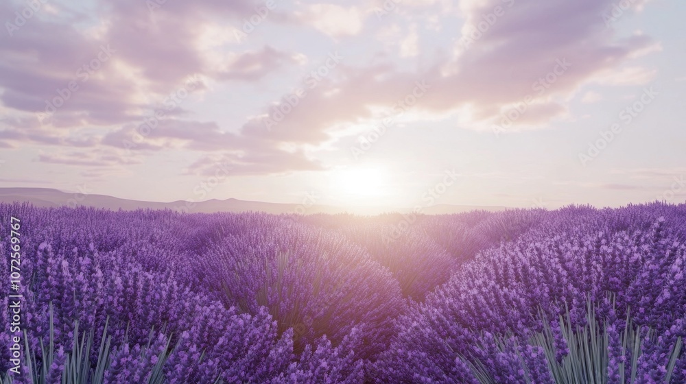 Obraz premium Field of lavender stretching to the horizon, vibrant purple hues contrasting with a bright, sunny sky.