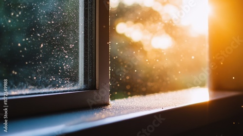 Fine particles settling onto a windowsill, creating a light film.