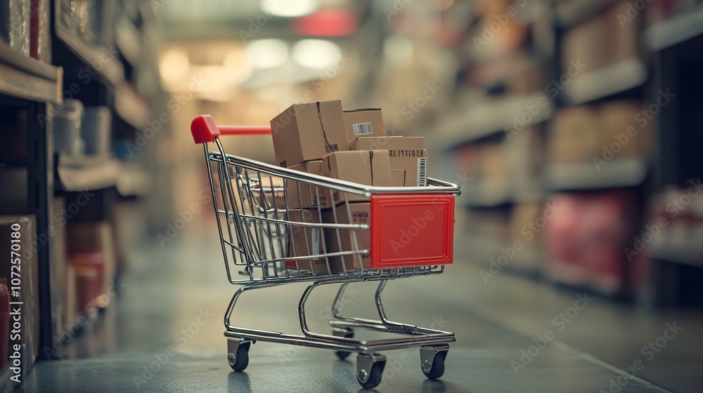 Shopping Cart Full of Cardboard Boxes in a Supermarket Aisle Shopping Cart Full of Cardboard Boxes in a Supermarket Aisle
