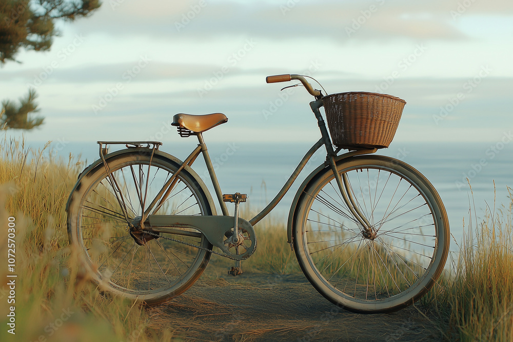 Fototapeta premium Old-fashioned Bicycle with Front Basket on Coastal Trail for Summer Ride