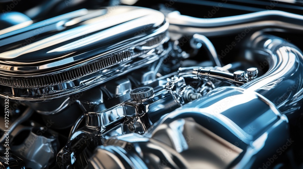 Focus on engine bay showing chrome and clean components Focus on engine bay showing chrome and clean components