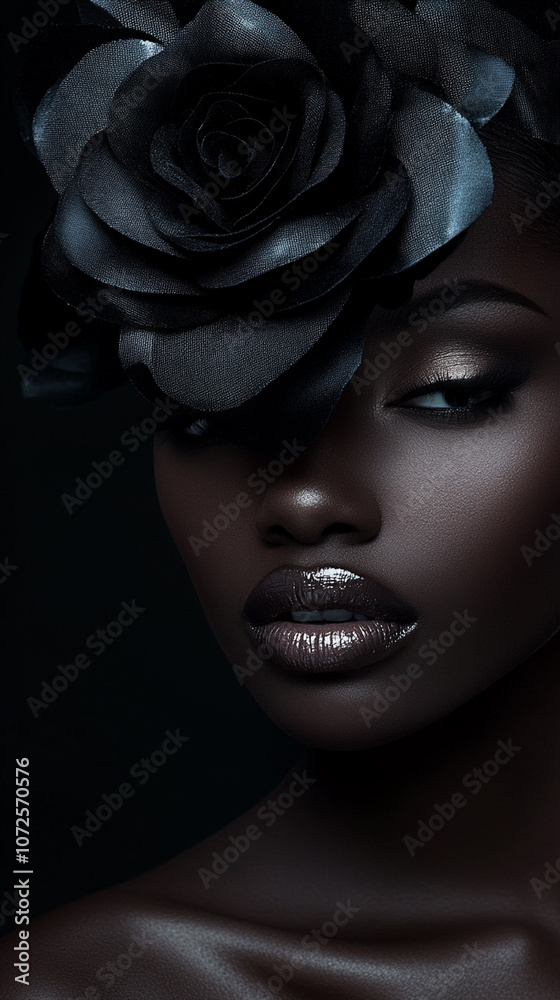 Beautiful young black woman with fashion makeup and flowers and petals on her face. Beauty parlor vertical banner concept, copyspace Black background. Instastory, reel or tiktok Beautiful young black woman with fashion makeup and flowers and petals on her face. Beauty parlor vertical banner concept, copyspace Black background. Instastory, reel or tiktok