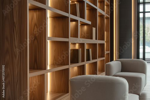 modern wooden bookcase with subtle led lighing