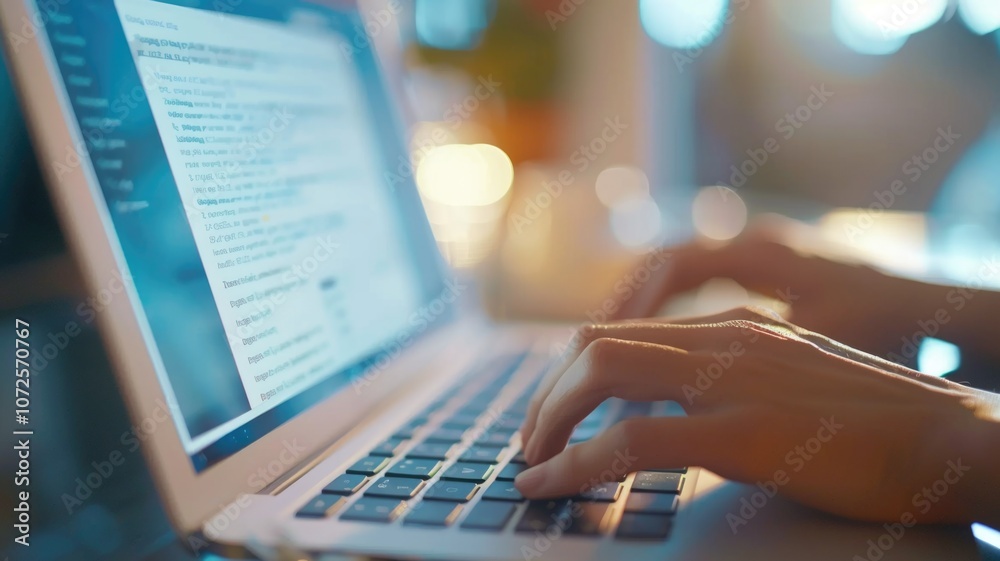 Close-up of hands typing on laptop with blurred background and bright lighting,World Communication Day. Close-up of hands typing on laptop with blurred background and bright lighting,World Communication Day.
