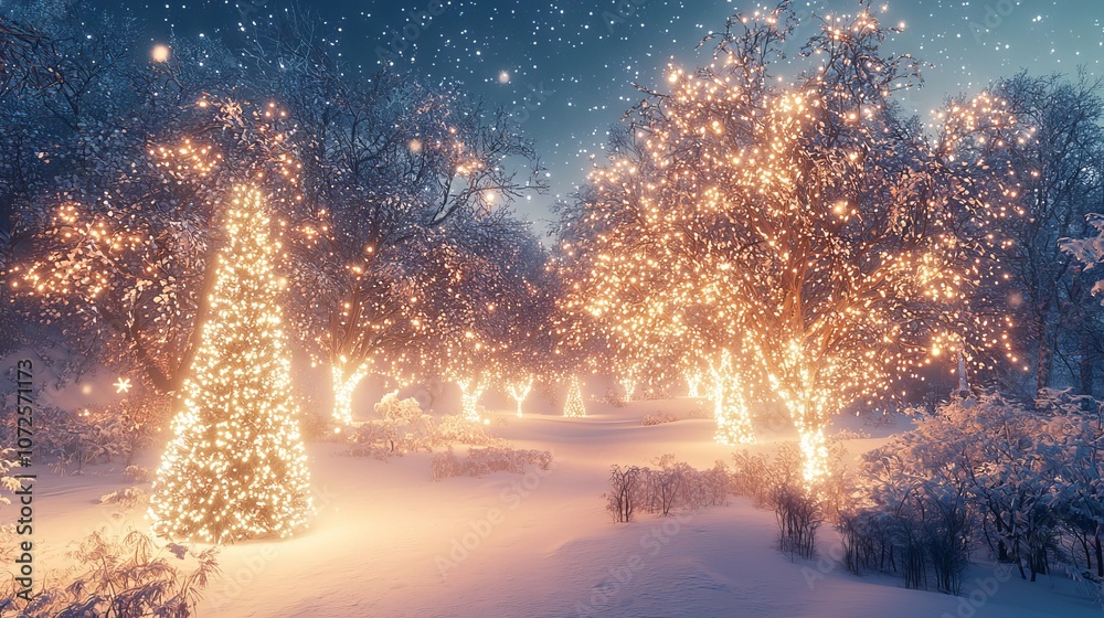 Obraz premium Snowy Landscape Christmas Lights Winter Wonderland