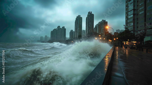 Devastating tsunami disaster city, overwhelming water wave storm flood, catastrophic destruction catastrophe building sea, dangerous dramatic emergency, calamitous apocalyptic  photo