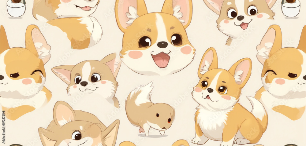 Obraz premium Cartoon Corgis with Heart and Pastel Motifs in a Whimsical Decorative Pattern