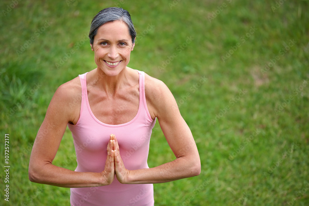 Happy, woman and outdoor with namaste on meditation for peace, calm and mental health for mindfulness. Female person, above and portrait on zen as activity or hobby for wellness and self care Happy, woman and outdoor with namaste on meditation for peace, calm and mental health for mindfulness. Female person, above and portrait on zen as activity or hobby for wellness and self care