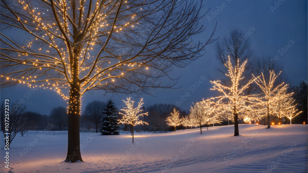 Snow lights, a landscape where trees are decorated with bright lights Snow lights, a landscape where trees are decorated with bright lights
