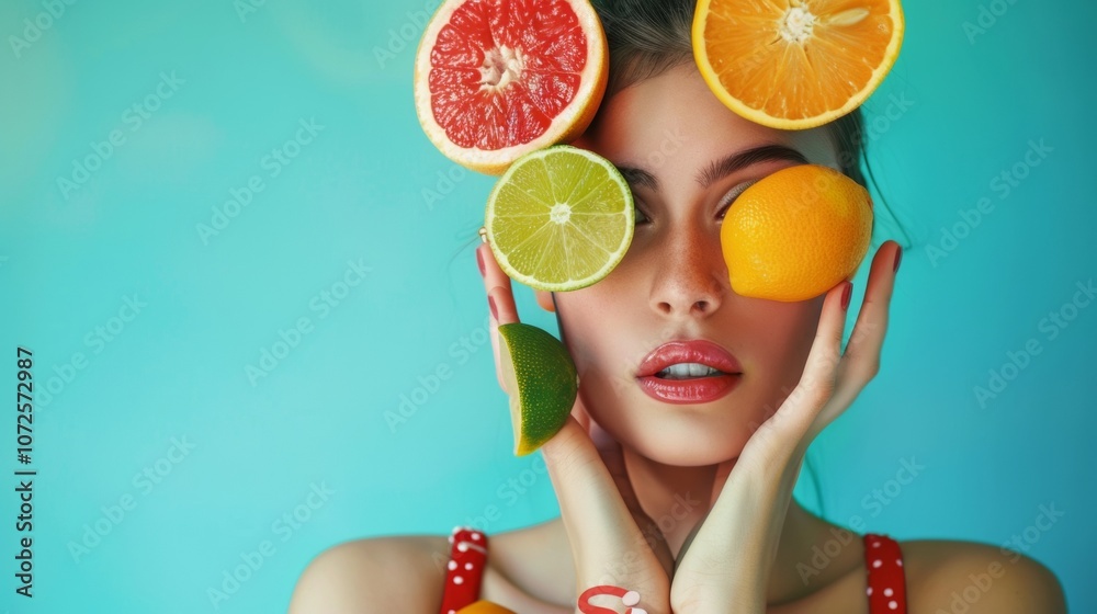 Playful portrait of woman with fresh citrus fruits against turquoise background Playful portrait of woman with fresh citrus fruits against turquoise background
