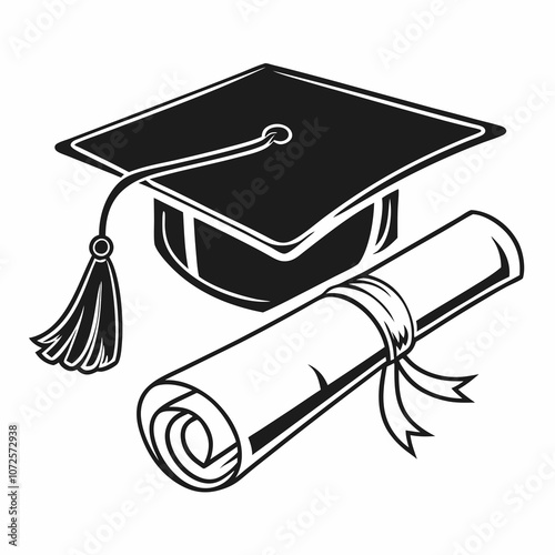 Silhouette of Graduation Cap and Diploma Scroll, Classic Black Graduation Icon on White Background