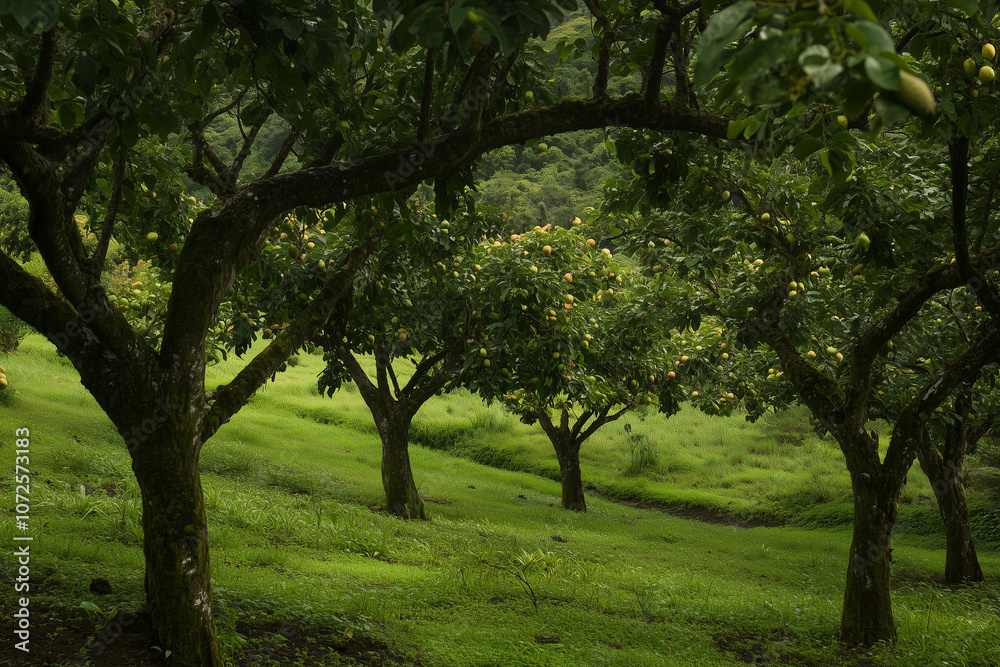 Rich Avocados Ripening on Trees in Vibrant Orchard Setting Rich Avocados Ripening on Trees in Vibrant Orchard Setting