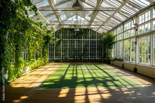 Squash Court Surrounded by Lush Ivy in Sunlit Greenhouse for Indoor Sports