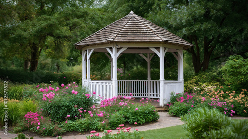 Serene gazebo garden outdoor, tranquil summer wooden backyard architecture, peaceful pavilion outside building landscape, picturesque natural beautiful, relaxing countryside green