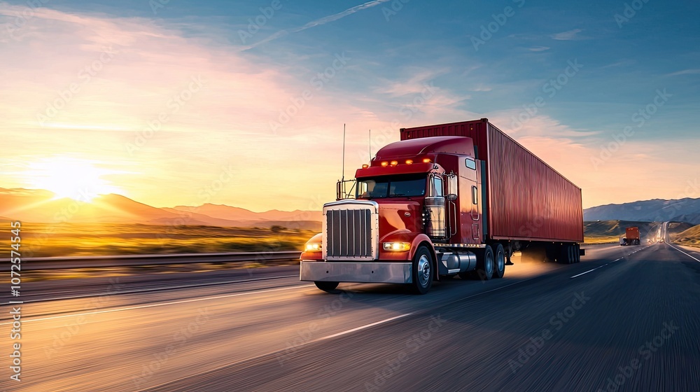 A red truck driving on a highway during a beautiful sunset. A red truck driving on a highway during a beautiful sunset.