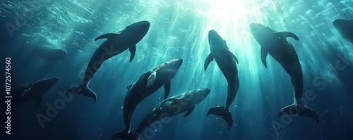 A picturesque gathering of whales basking in the sunlight, a rare and serene oceanic moment.