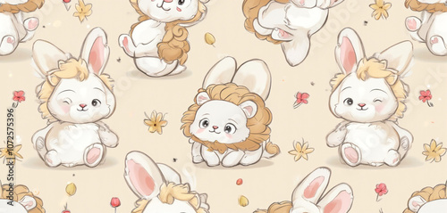  Cartoon Rabbits and Guinea Pigs in a Whimsical Decorative Pattern