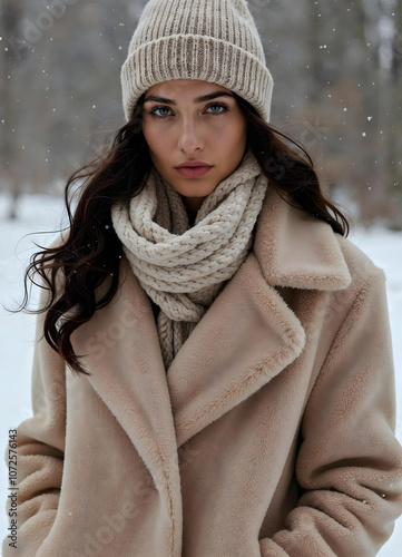 Beautiful glamour model in cozy winter coat made of thick wool v3