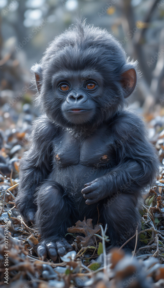 Fototapeta premium Baby Gorilla Sitting on the Ground with a Curious and Playful Expression