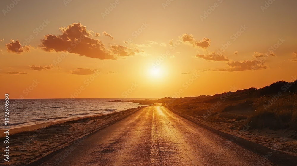 A scenic road stretching into the horizon beside a serene beach under a sunset sky. A scenic road stretching into the horizon beside a serene beach under a sunset sky.