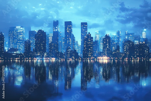 A serene cityscape of a metropolis painted in soothing blue tones, reflecting a calm evening.