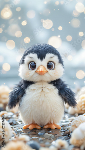  Baby Penguin Standing on Snow with Bright Colors and Scenic Details