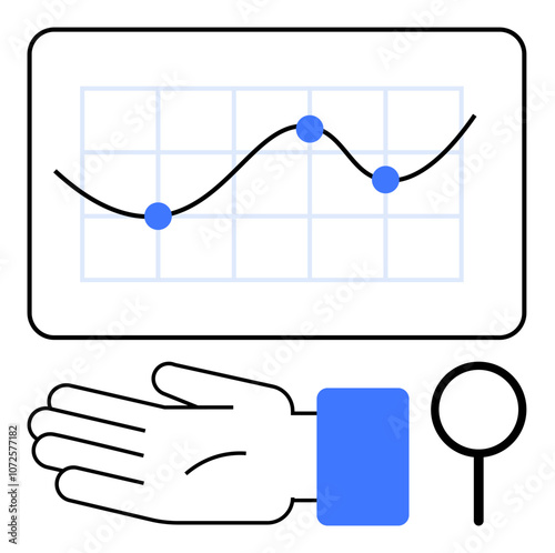 Graph with line chart and blue data points, open hand, magnifier. Ideal for business analysis, data visualization, strategy planning, decision-making, market research presentations. Line metaphor