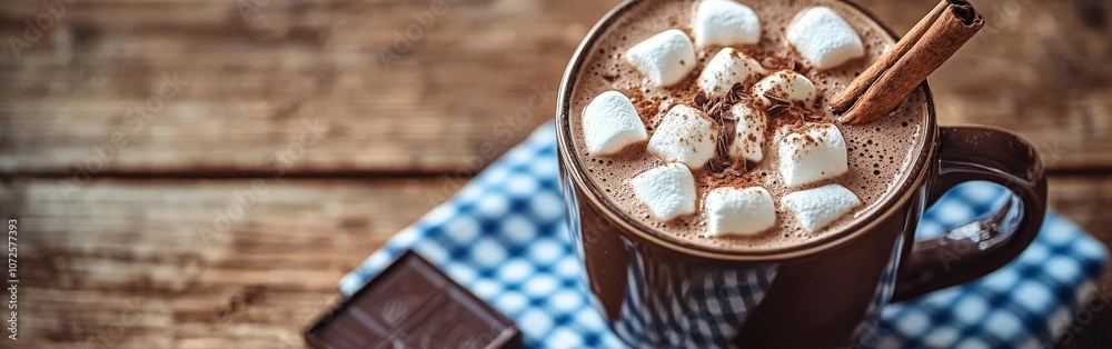 Gourmet hot chocolate with marshmallows in a cozy holiday setting Gourmet hot chocolate with marshmallows in a cozy holiday setting