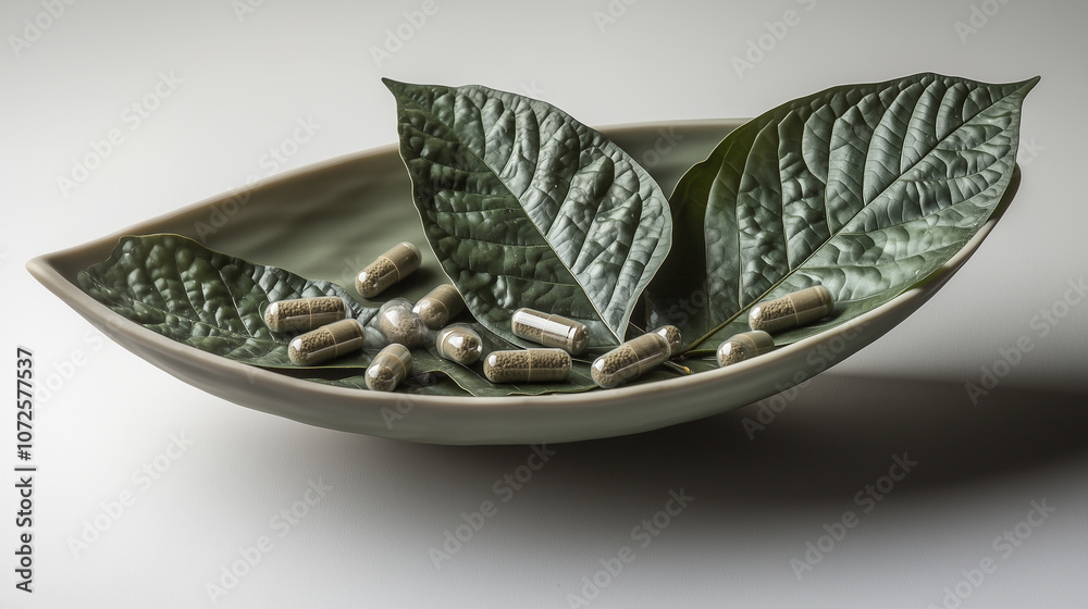 Obraz premium Proszek Kratomu, świeże zielone liście oraz kapsułki, które ilustrują tradycyjne, alternatywne podejście do medycyny.