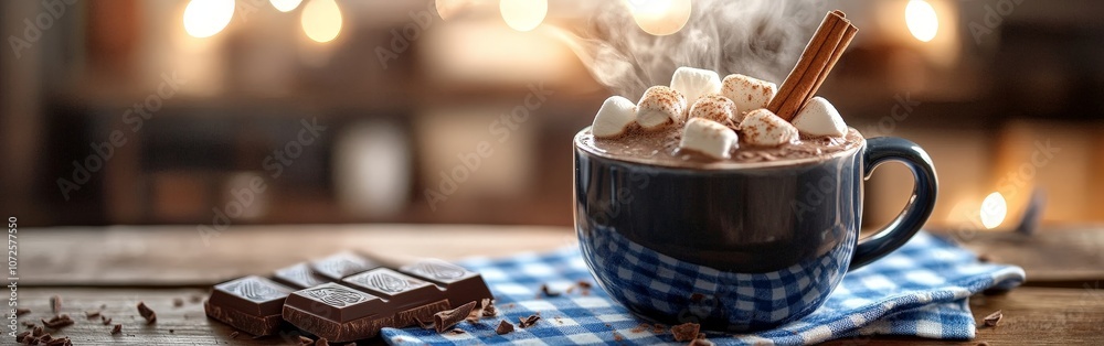 Gourmet hot chocolate with marshmallows in a cozy holiday setting Gourmet hot chocolate with marshmallows in a cozy holiday setting