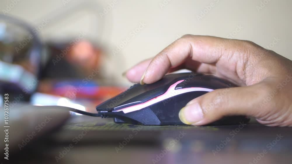 Gaming mouse lights up in different colors when used by a man's hand, on a black table Gaming mouse lights up in different colors when used by a man's hand, on a black table
