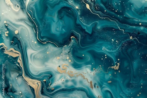 Image of Turquoise green dark marble fluid art pattern with golden veins. Texture for background usage