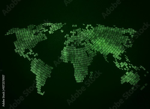 World Map Shown in Binary Code Pattern. Green Matrix numbers, zero, one.	

