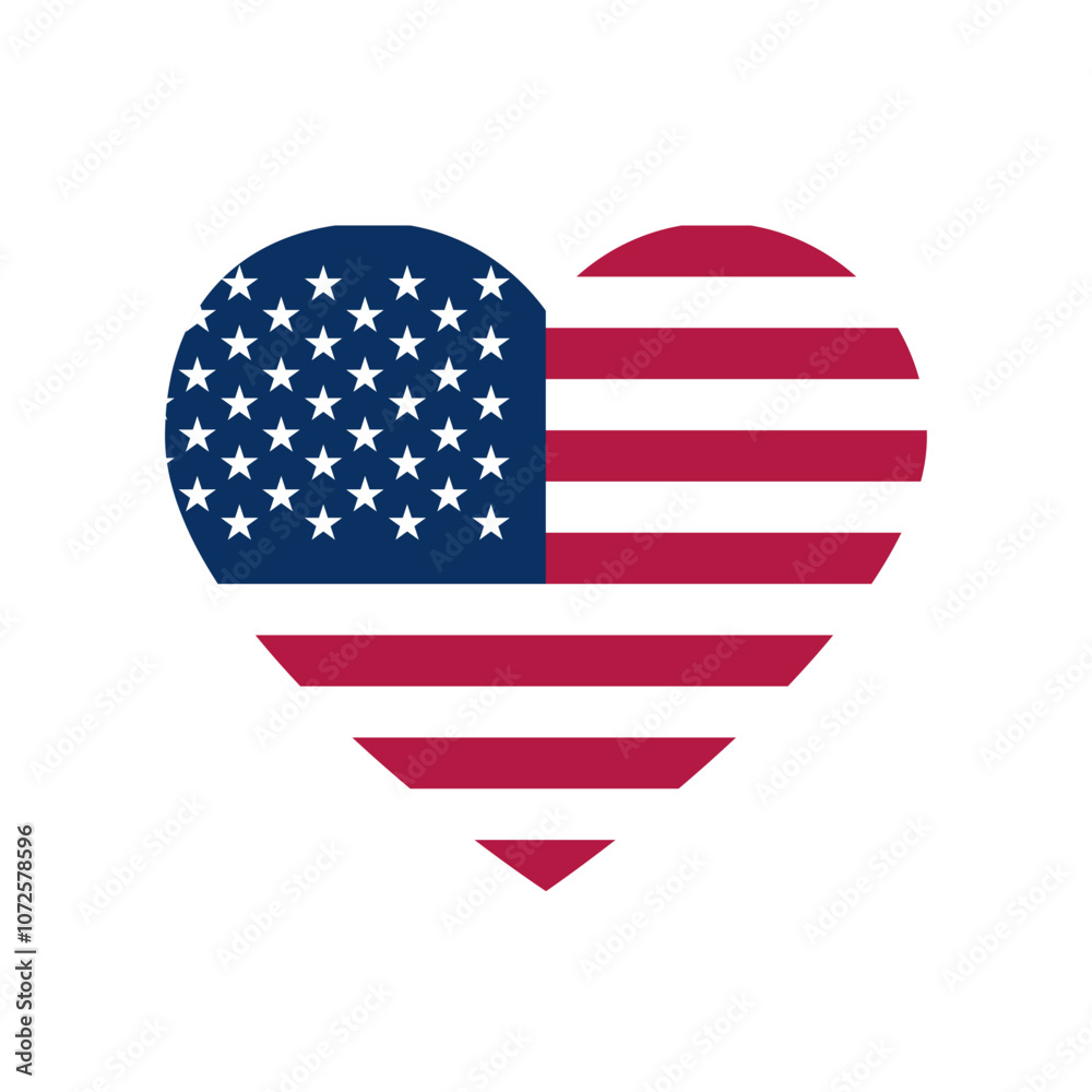 Vector illustration of the American flag in shape of heart isolated on white background.
Vector illustration of the American flag in shape of heart isolated on white background.
