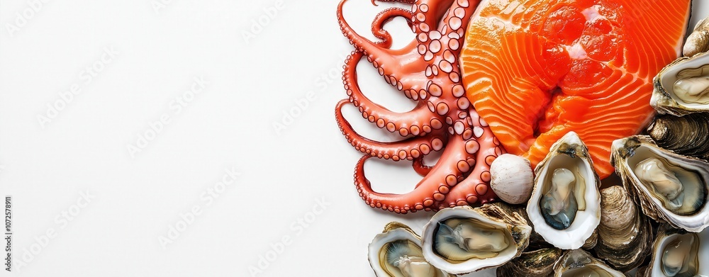 Naklejka premium Fresh seafood assortment with raw salmon, octopus, and oysters on white background for gourmet dishes