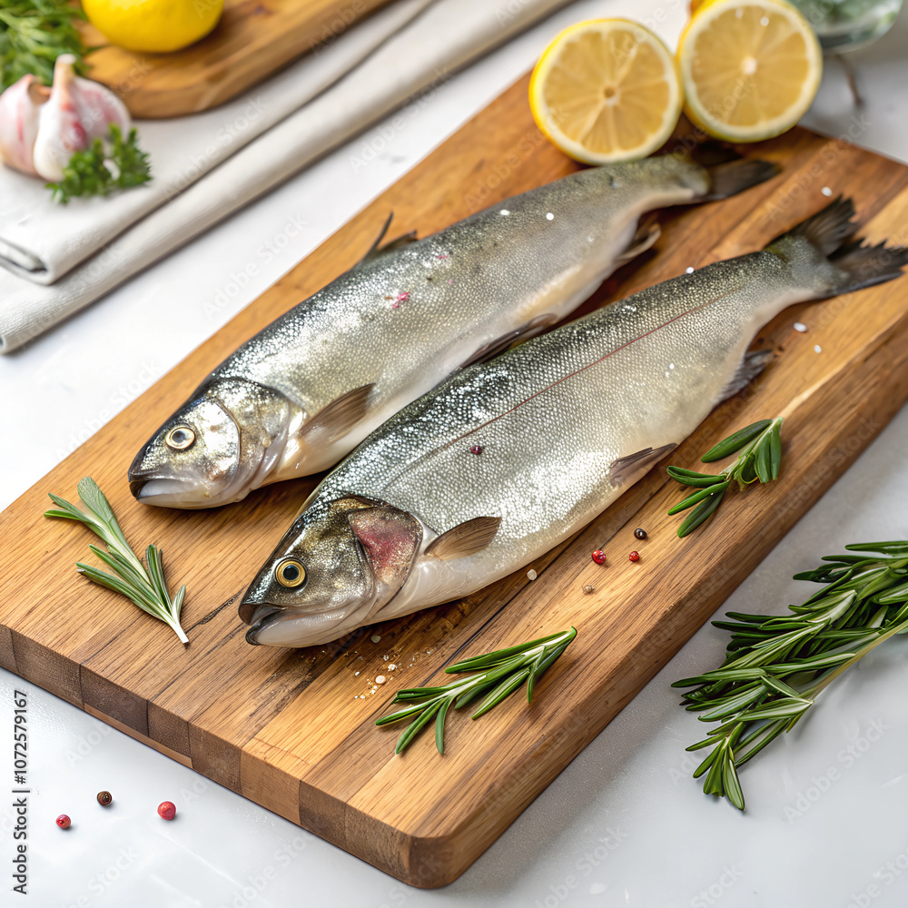 Fresh wild-caught fish displayed on a wooden cutting board with lemon and herbs Fresh wild-caught fish displayed on a wooden cutting board with lemon and herbs