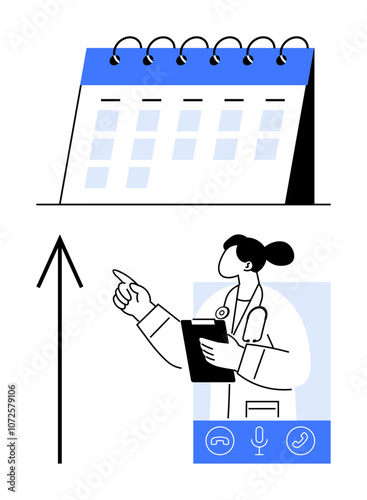 Female doctor pointing, holding clipboard, virtual consultation icons, calendar, and growth arrow. Ideal for telemedicine, healthcare scheduling, remote consultation, productivity medical services