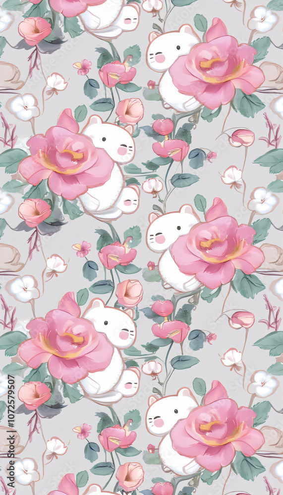 Naklejka premium Cartoon Bunnies and Roses in a Whimsical Floral Pattern