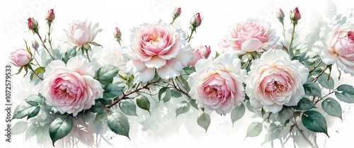 Beautiful floral arrangement of pink roses with green leaves on white background and copy space