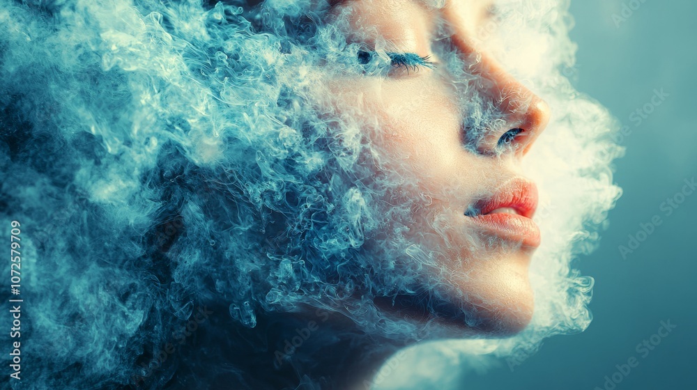 Fototapeta premium Close-up of woman's face immersed in blue smoke