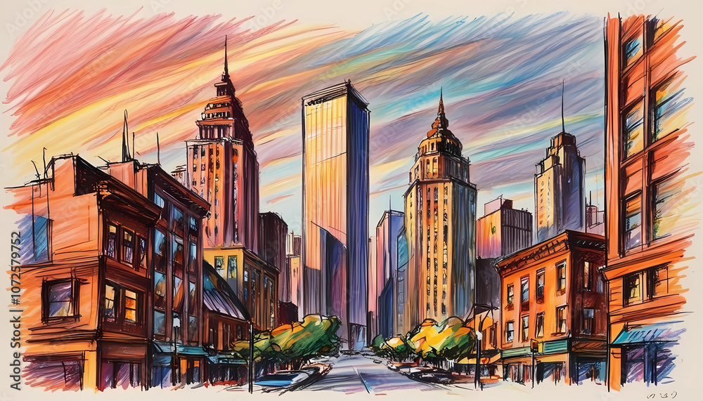 Fototapeta premium Vibrant City Illustration with Skyscrapers and Colorful Sky