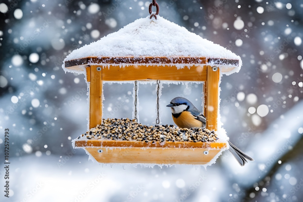 Winter bird feeding scene with a snow-covered bird feeder and a few small birds, evoking a warm and caring moment for wildlife in the cold season, perfect for nature lovers Winter bird feeding scene with a snow-covered bird feeder and a few small birds, evoking a warm and caring moment for wildlife in the cold season, perfect for nature lovers